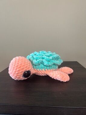 Plush Crochet Turtle Toy in Peach and Green Handmade